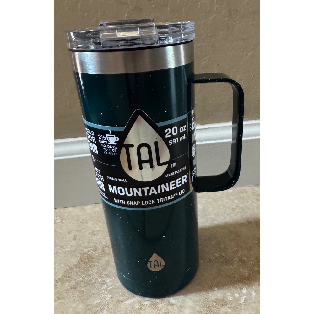 TAL‎ Mountaineer Tumbler 20oz Green Speckle Insulated Travel Mug Handle NEW